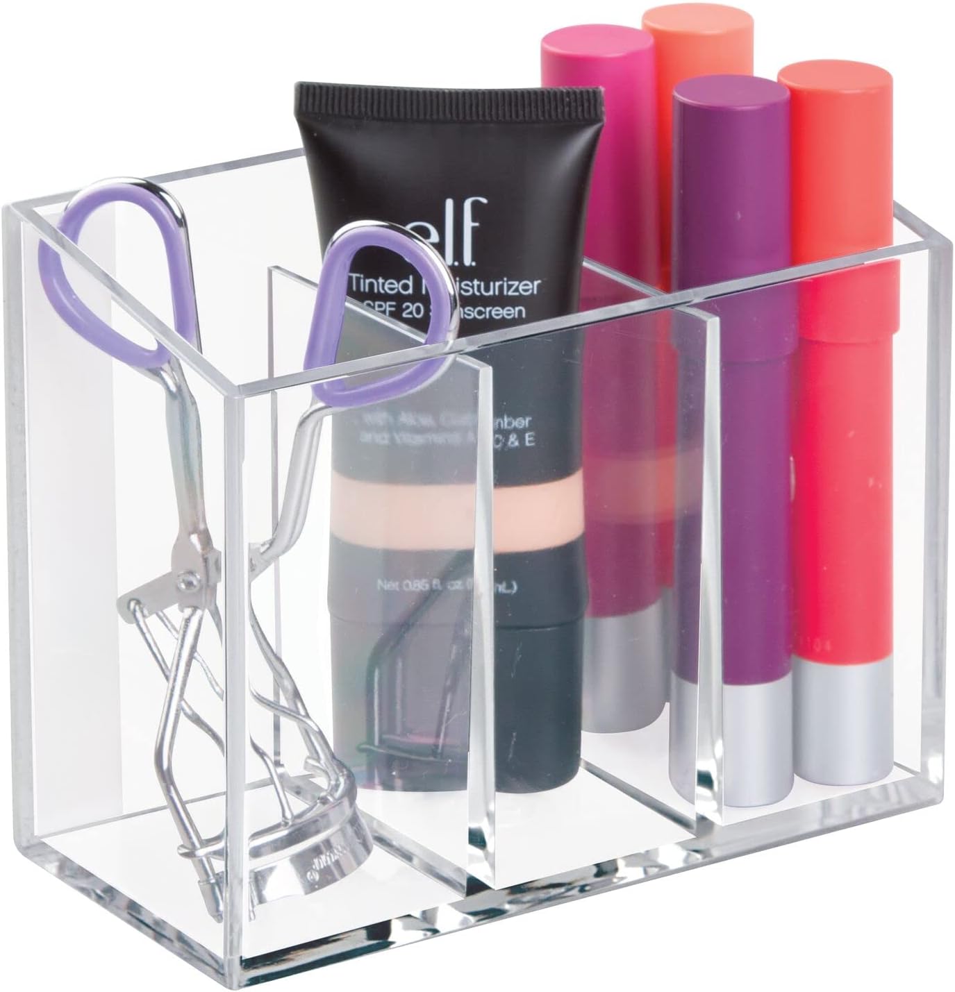 mDesign Modern Plastic Storage Bin Container for Cosmetics with Strong Adhesive Mount for Cabinets & Walls - to Hold Makeup Brushes, Mascara, Lip Gloss, Jewelry, Accessories - Poppon Collection, Clear