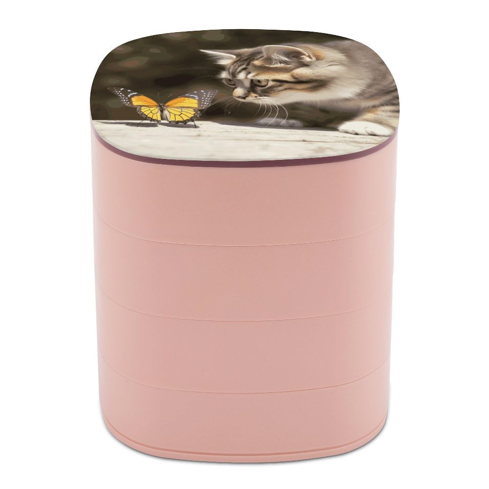 JTREHY Cat And Butterfly Jewelry Box 4-Layer Covered Rotating Jewelry Storage Box Large Capacity Storage Boxes Portable Jewelry Case for Bracelets Earrings Necklace