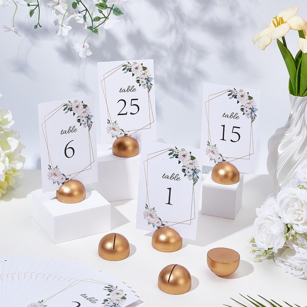 25 Set Runde Goldene Tischnummernhalter Mit Tischkarten, Tischkartenhalter Aus Holz Namenskartenclips Halbrunde Hochzeits-Tischkartenhalter Für Foto Jahrestage Party