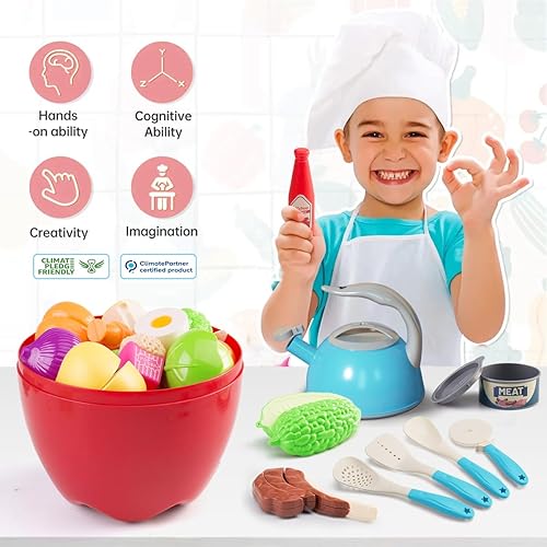 Miniatura 47 de Juego de cocina de 130 piezas, ollas de juego de cocina para niños, sartenes, utensilios de cocina, alimentos diarios, frutas y verduras, cesta