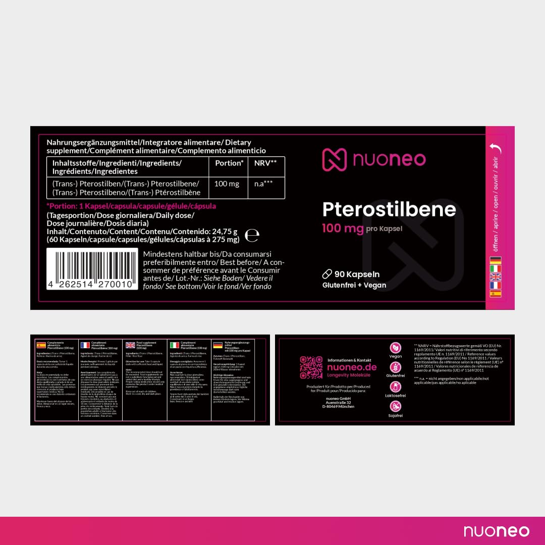 Ptérostilbène 100 mg, 90 gélules à haute dose, activateur de sirtuines et protection cellulaire, 100 mg de trans-ptérostilbène par gélule, haute biodisponibilité, végan