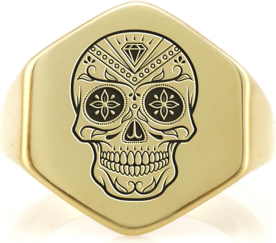 Engraved Mexican Skull Ring - Custom Skull Design - Personalized Hexagon Ring - Bold Statement