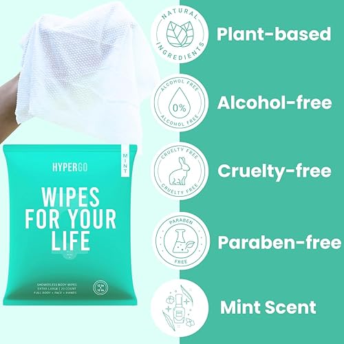 Miniatura 5 de HyperGo Toallitas Corporales XL para Mujeres y Hombres  Toallitas de Limpieza Corporal Completa Sin Enjuague de 12" x 12", 2 Paquetes de 20 Unidades