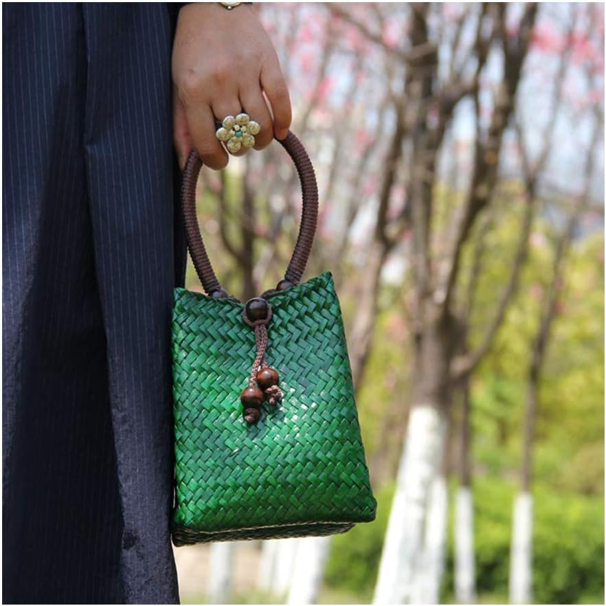 Hand-woven Mini Retro Straw Handbag Bag Summer Beach Boho Rattan Tote Travel Bag with Wood Beaded Tassel Pendant (Green) - Image 3