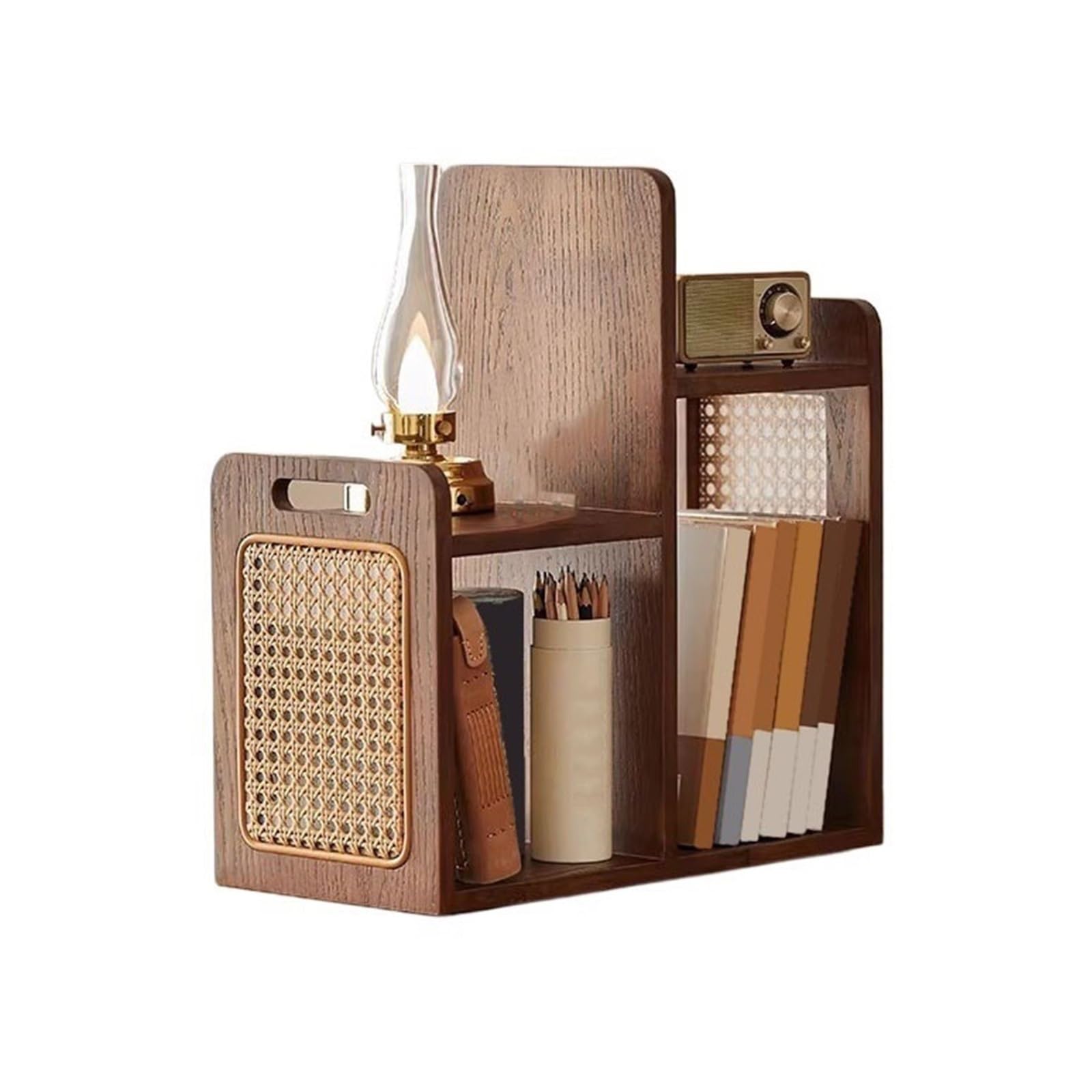 Cenz-888 Portable Bookshelf Retro Desk Staggered Bookshelf Wooden Rattan Weaving Organizer Rack for Home Office Storage Rack