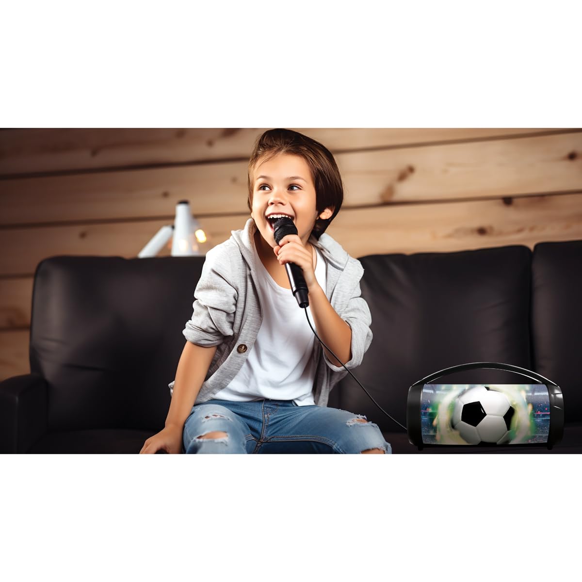 Lexibook, Altoparlante Bluetooth Calcio con Microfono, Altoparlante Bluetooth Portatile, Microfono Cablato Incluso, Altoparlante Ricaricabile per Bambini 6+, Bianco e Nero, BTP585FOZLXB