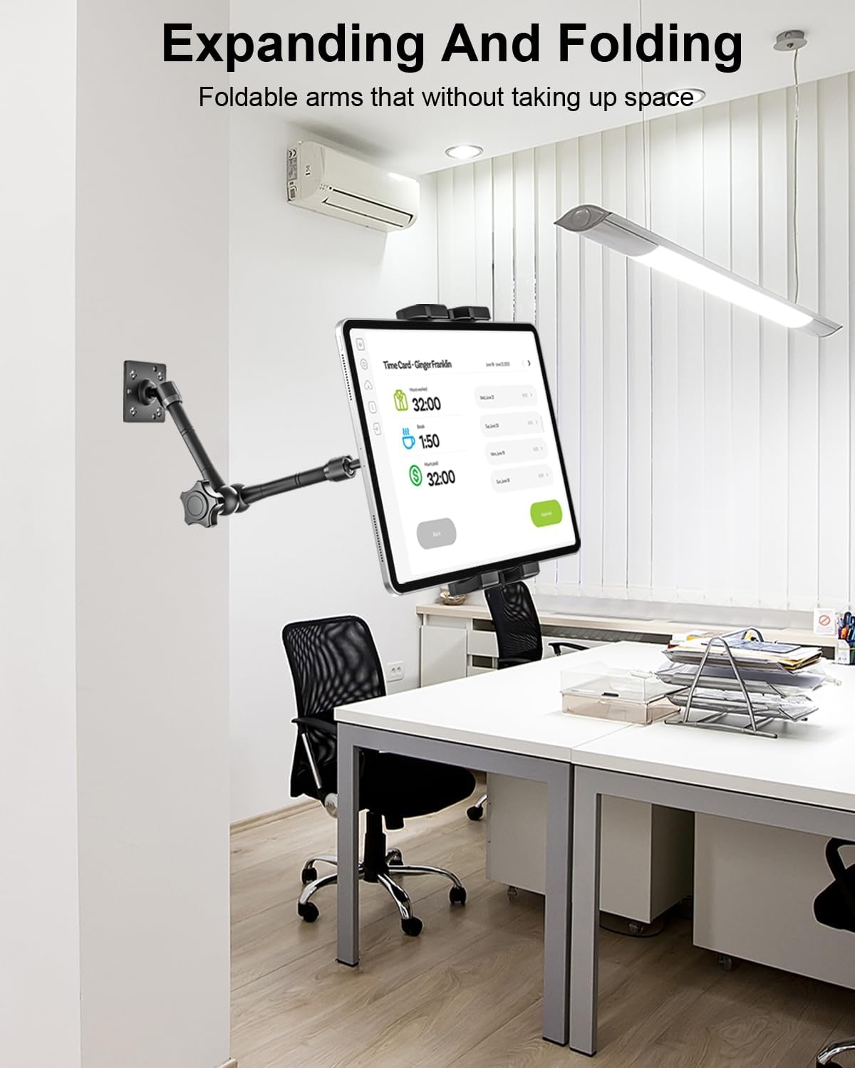 Metal Tablet Wall Mount Holder with 360° Adjustable Foldable Arm, for iPad Pro Air Mini | Galaxy Tab | Kindle Fire | Switch | 4.7-13" Device, for Kitchen Cabinet | Home | Desk | Under Counter | Office