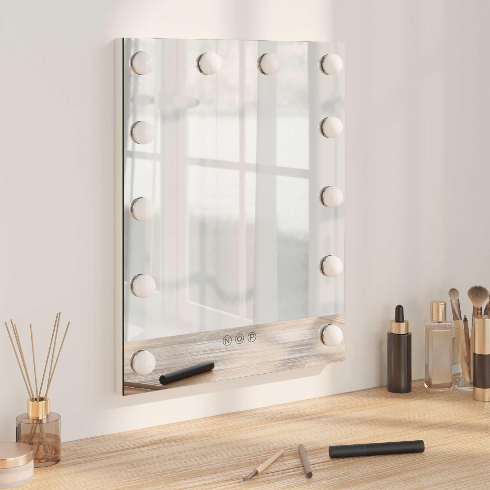 Lusterko do makijażu LED, białe, 44 x 10 x 53 cm, szkło stalowe, z funkcją ściemniania, sterowanie dotykowe, montaż na ścianie lub stole, USB, ochrona przed zaparowaniem, powiększające