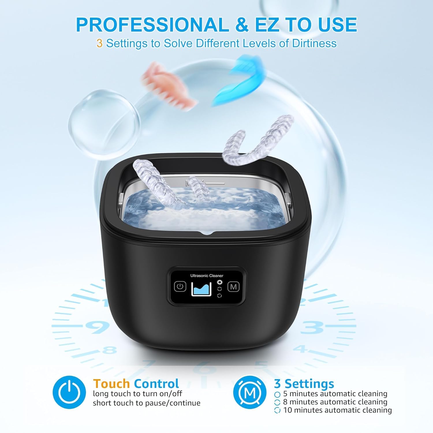Limpiador UltrasóNico para Retenedor, Dentadura Postiza, Protector Bucal, Cabezal de Cepillo de Dientes, Retenedor UltrasóNico de 43 KHz 255 ML, Enchufe Negro de la UE