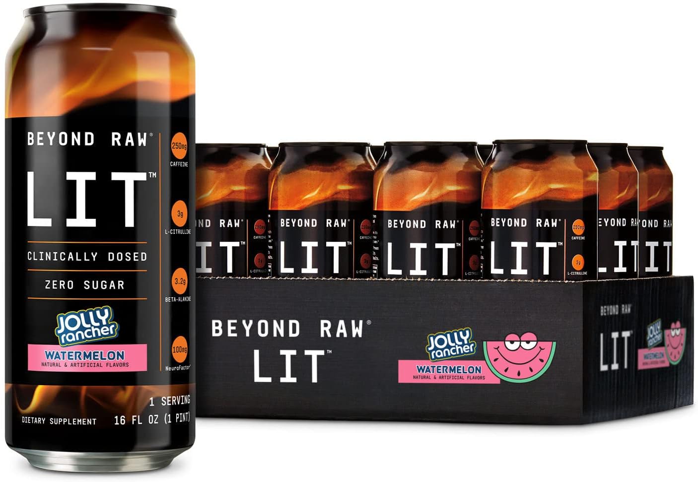 BEYOND RAW LIT Ready to Drink Pre-Workout, Jolly Rancher Watermelon, for Energy, Focus, Intensity and Pumps, with Nitric Oxide Boost, Zero Sugar, 250mg Caffeine with Beta Alanine, 12 Cans