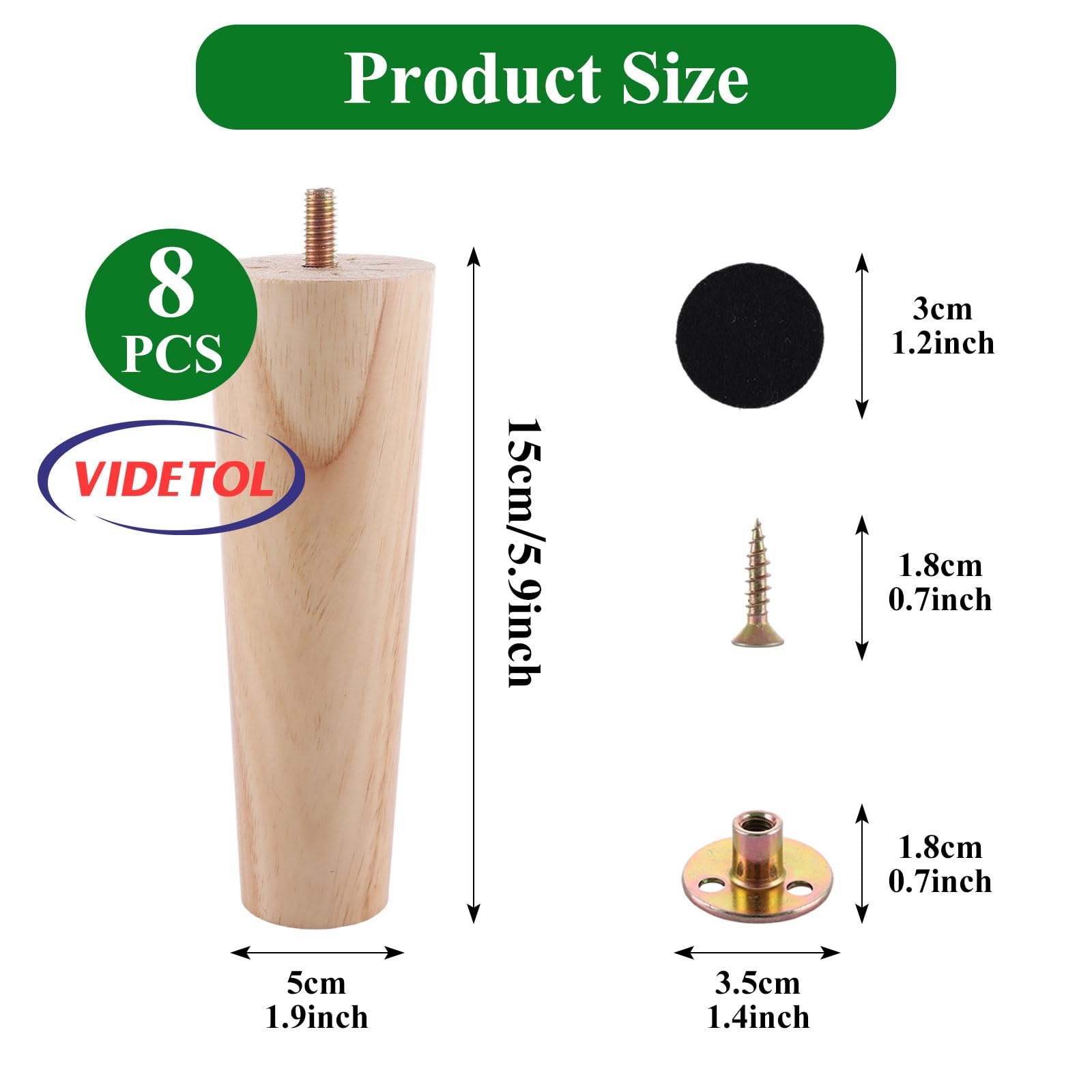 VIDETOL 15cm Wooden Furniture Legs Set of 8, Nature Solid Wooden Sofa Legs - Image 2