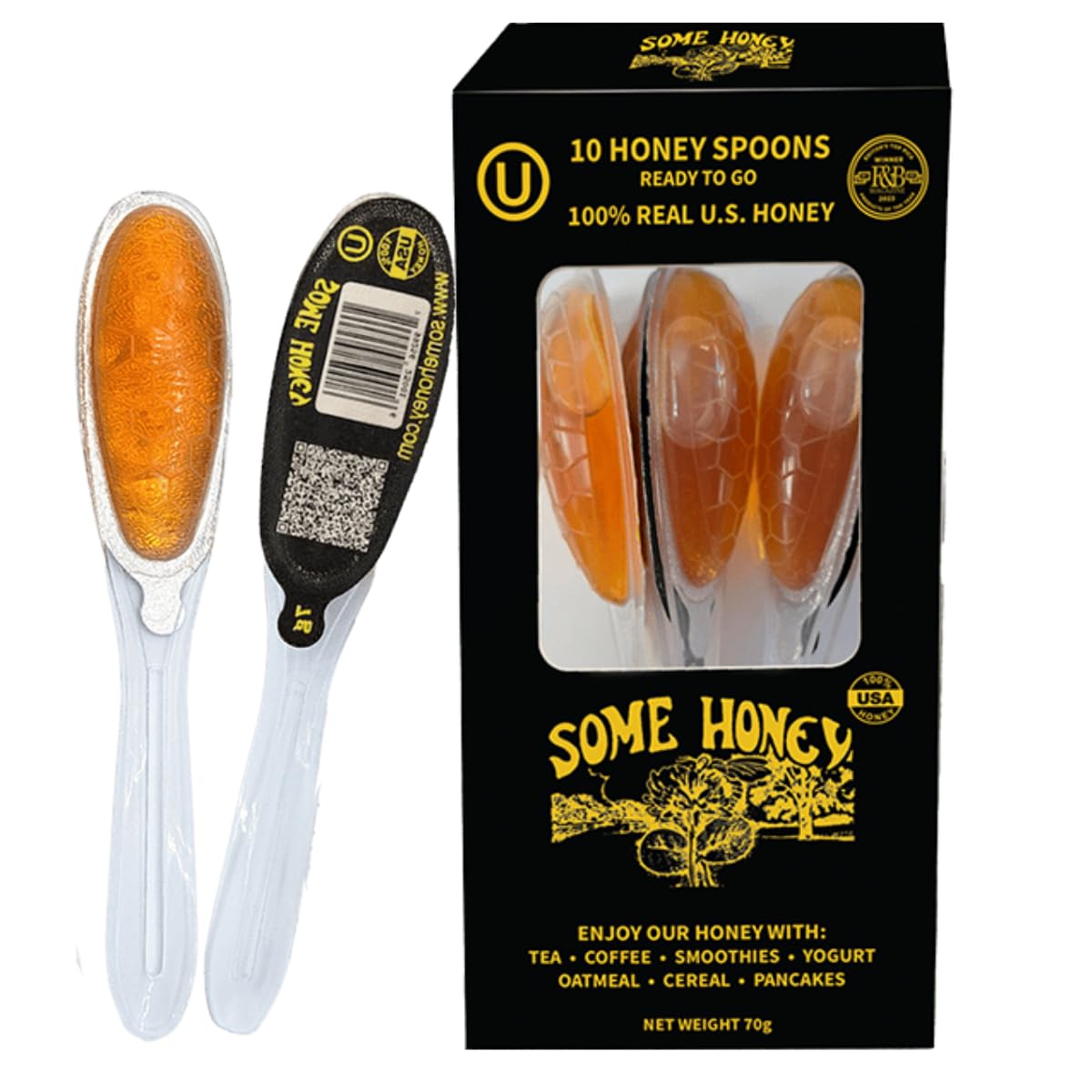 Some Honey Raw & Unfiltered Honey Spoon Stirrers – 100% Pure U.S. Honey, USDA Grade A, Kosher, All-Natural – Individually Wrapped Single-Serve Spoons