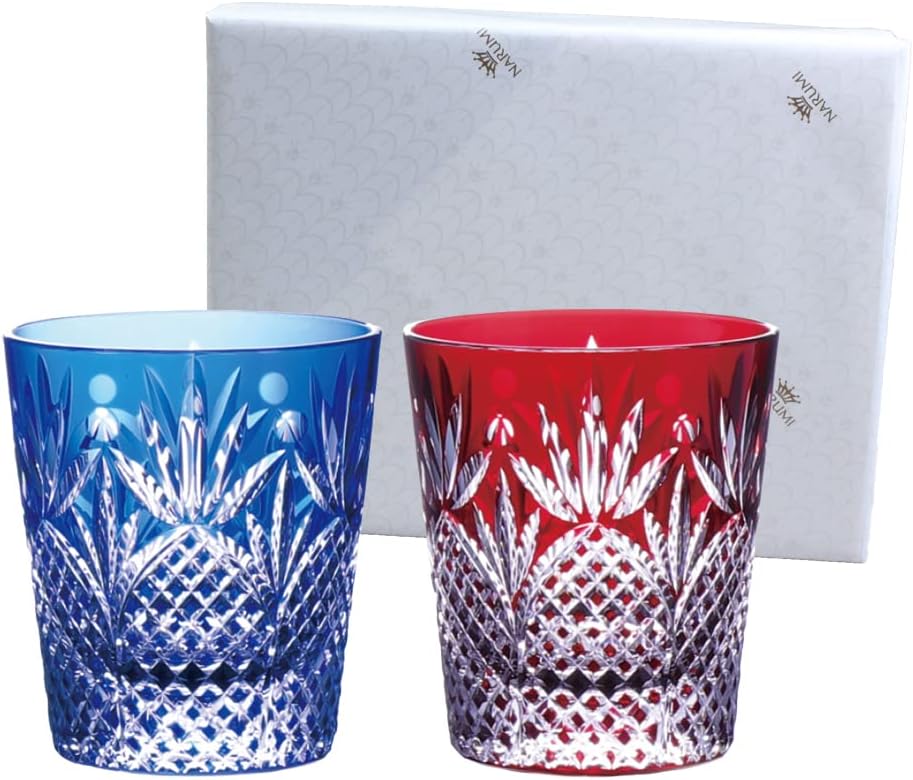 Narumi GW6070-2270AZ Rock Glass, Pair Glass, Prince, 9.5 fl oz (270 cc), Blue & Red, Colored Cuts, Whiskey Glass, Old Glass, Wedding Gift, Gift Box, Wrapped
