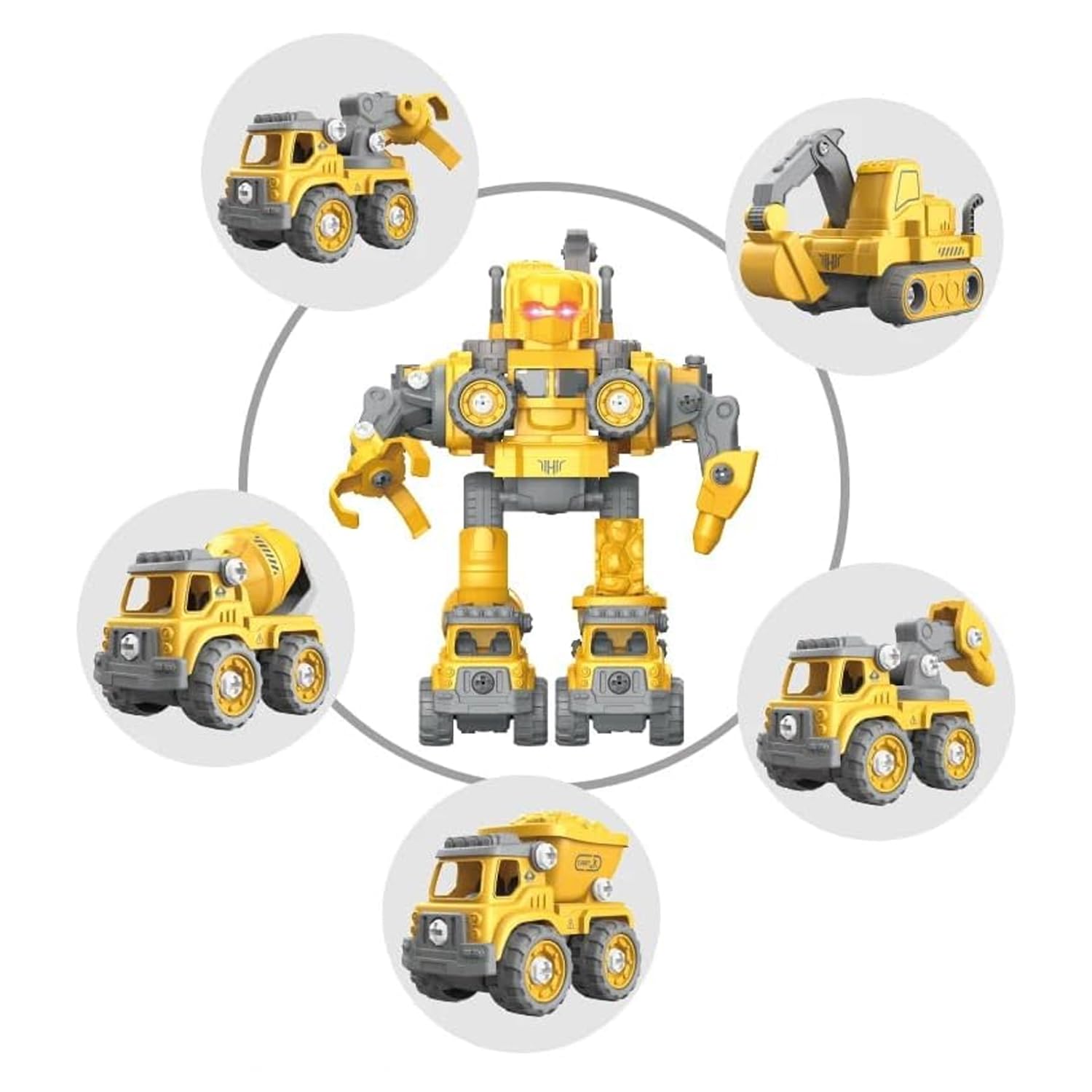 Baybee 5 in 1 Construction Vehicles Transform Robot Toys for Kids Building Robot Toys Kits with Drill Light and Music Crane Dump Truck Excavator Gift Sets for Boys Girls Toddler Ages 3+ Years