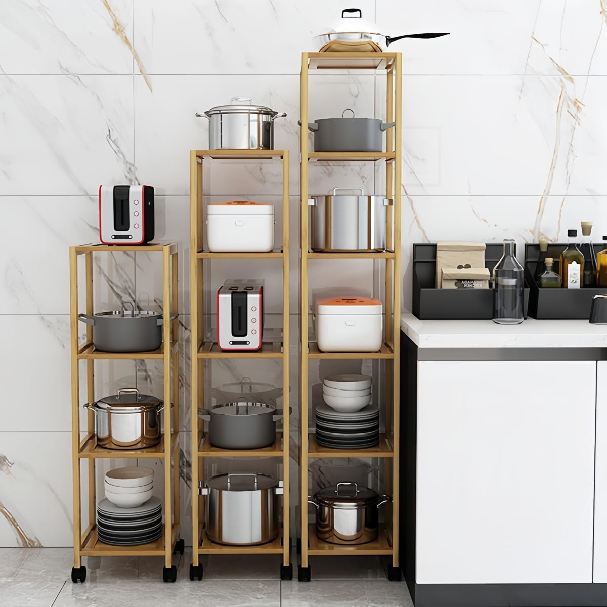 miluFox【台所の狭さを解決】スリム隙間キッチンラック 電子レンジ&amp;炊飯器の専用置き場 コンパクトでスッキリ収納 省スペ