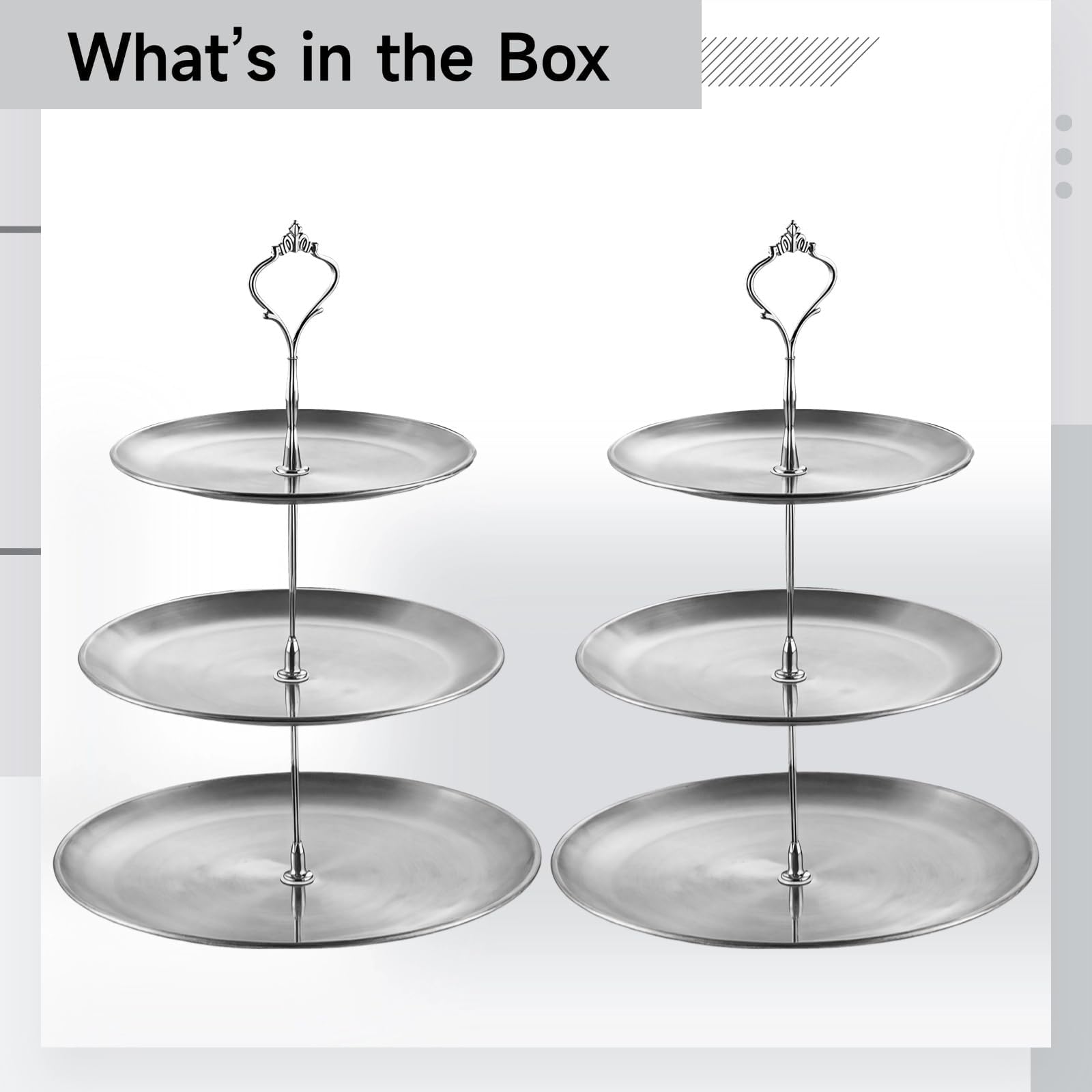 Set di 2 alzate per torte a 3 ripiani in acciaio inox, antiscivolo, per dessert e frutta, vassoio da portata color argento, per matrimoni, feste, eventi e buffet