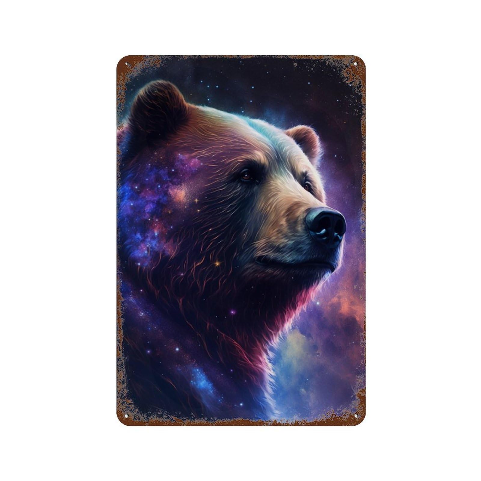 Distressed Metal Wall Sign Cosmic Bear Portrait Art Print-3 11.8"x7.9", Old School Wall Decor for Bistro, Counter And Cafe Decor