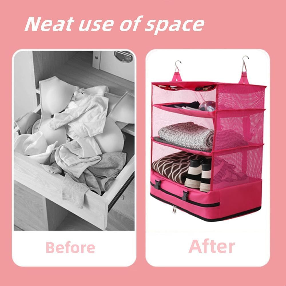 Triple Organizer Hanging Bag,Portable Hanging Travel Shelves, Packing Cubes for Travel, Multifunctional Large Capacity Hanging Packing Cubes Storage Bag with 2 Hooks (Red,M)