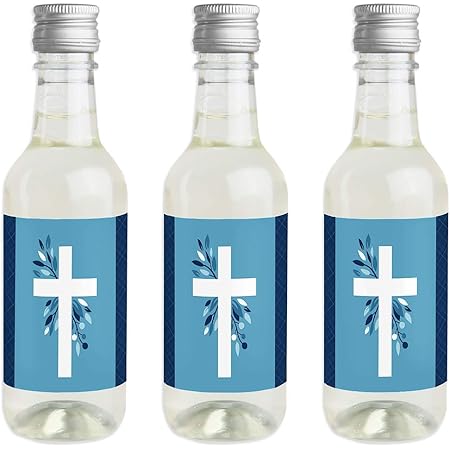 Blue Elegant Cross - Mini Wine and Champagne Bottle Label Stickers - Boy Religious Party Favor Gift for Women and Men - Set of 16