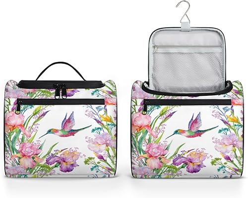 QsirBC Neceser de acuarela con flores de colibrí para mujer, organizador de maquillaje de viaje con gancho para colgar, bolsas de cosméticos de