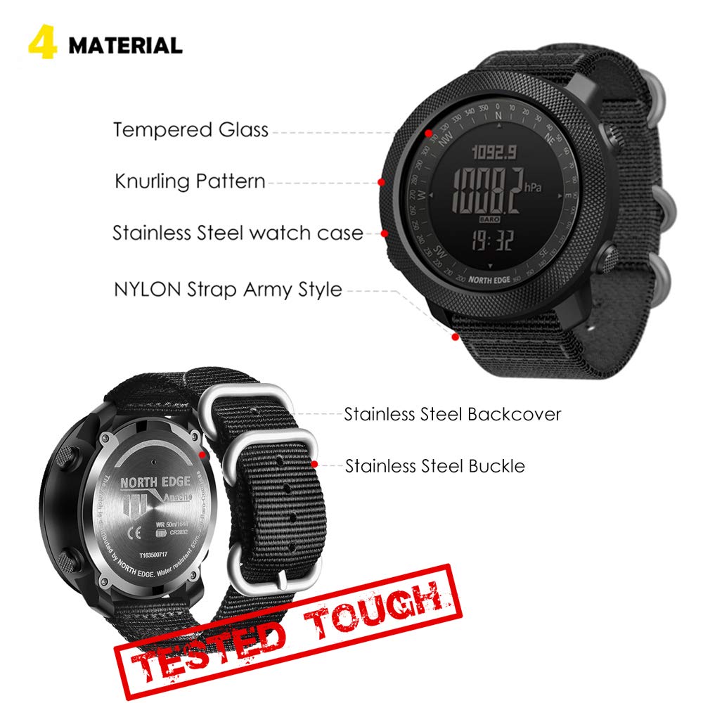 Montre Intelligente Hommes, Montre Tactique Étanche Sport Numérique avec Thermomètre Baromètre Altimètre Boussole Rétro-Éclairage LED Pas À Pas pour La Randonnée en Plein Air