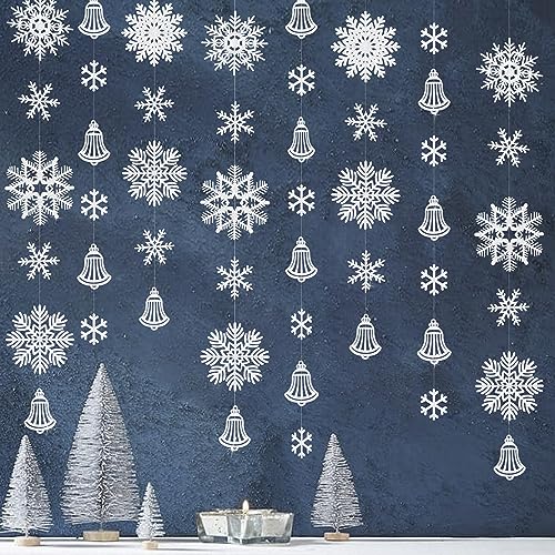 Image of 40Ft White Snowflakes Bell Garland Glitter Paper Big Snowflakes Hanging Streamer Backdrop for Winter Wonderland Christmas Holiday Birthday Home Window Wall Room Decor