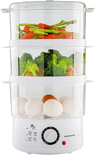 OVENTE Vaporizador eléctrico de 2 niveles para cocinar verduras, base de acero inoxidable, cestas apilables y aptas para lavavajillas, 400 W con