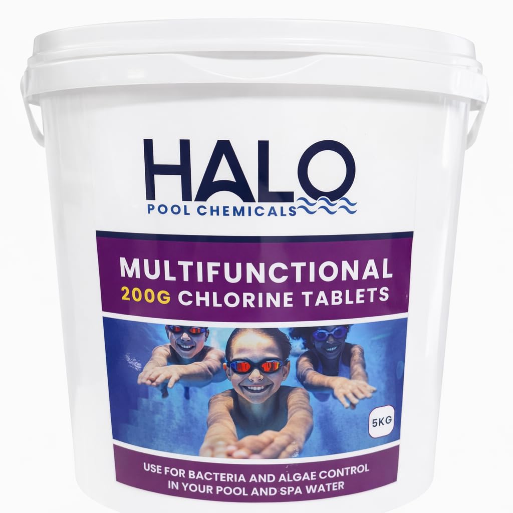 Halo Multifunctional Chlorine Tablets, 200g, 5kg, Pool Water Treatment with Algaecide and Clarifier