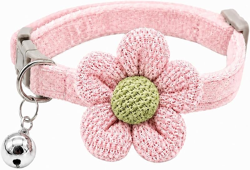 Coleira para Gatos com Flor, Guizo e Fecho Breakaway Ajustável GoldTiger Rosa — 22,1–29 cm