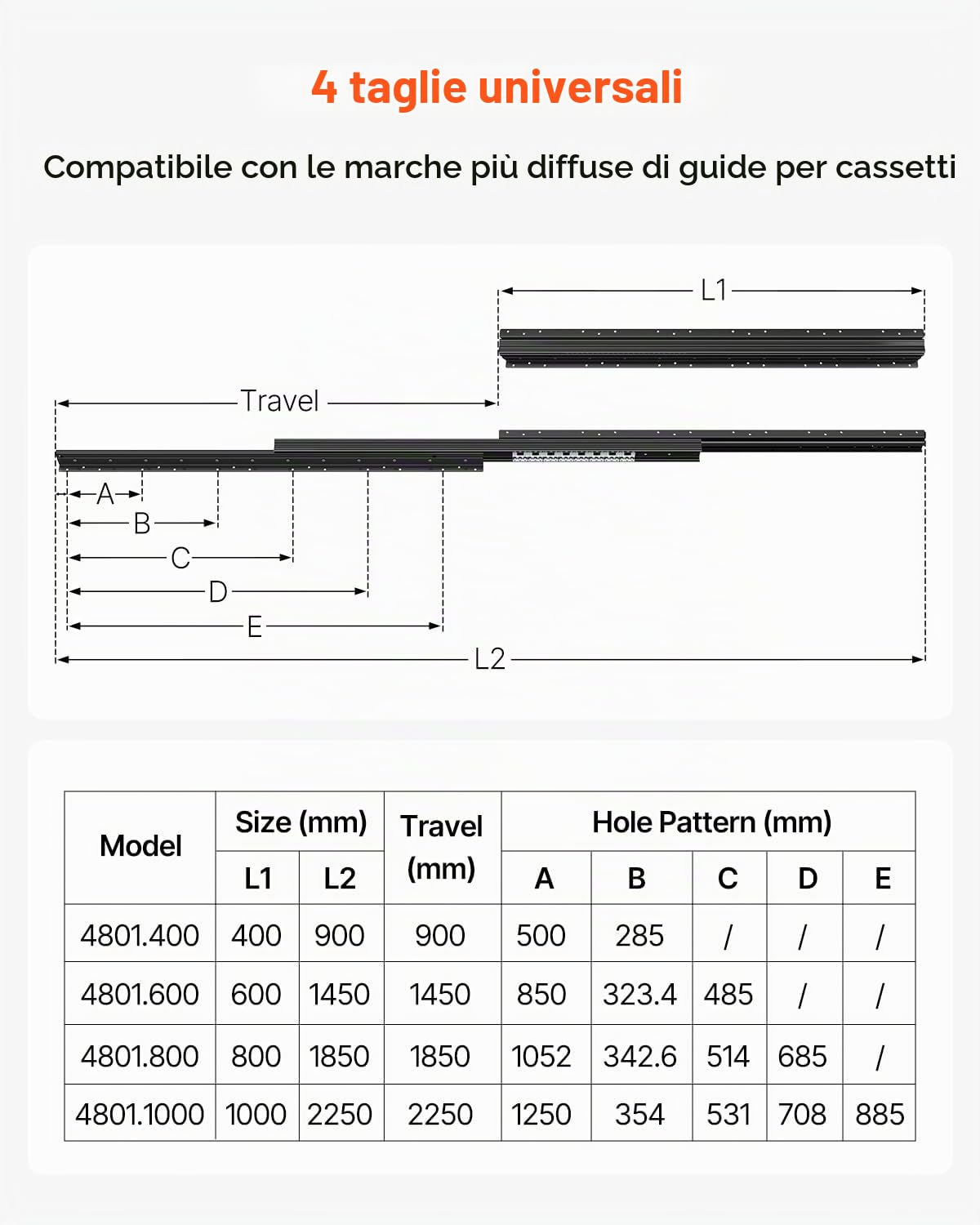 VEVOR Guide per Cassetti Sottotop, Guide per Mobili Sottoscala con Cuscinetti a Sfera a Estensione Completa, Capacità 117 kg, Guide Resistenti, per Sostituzione, Nero 400 mm, 1 Paio