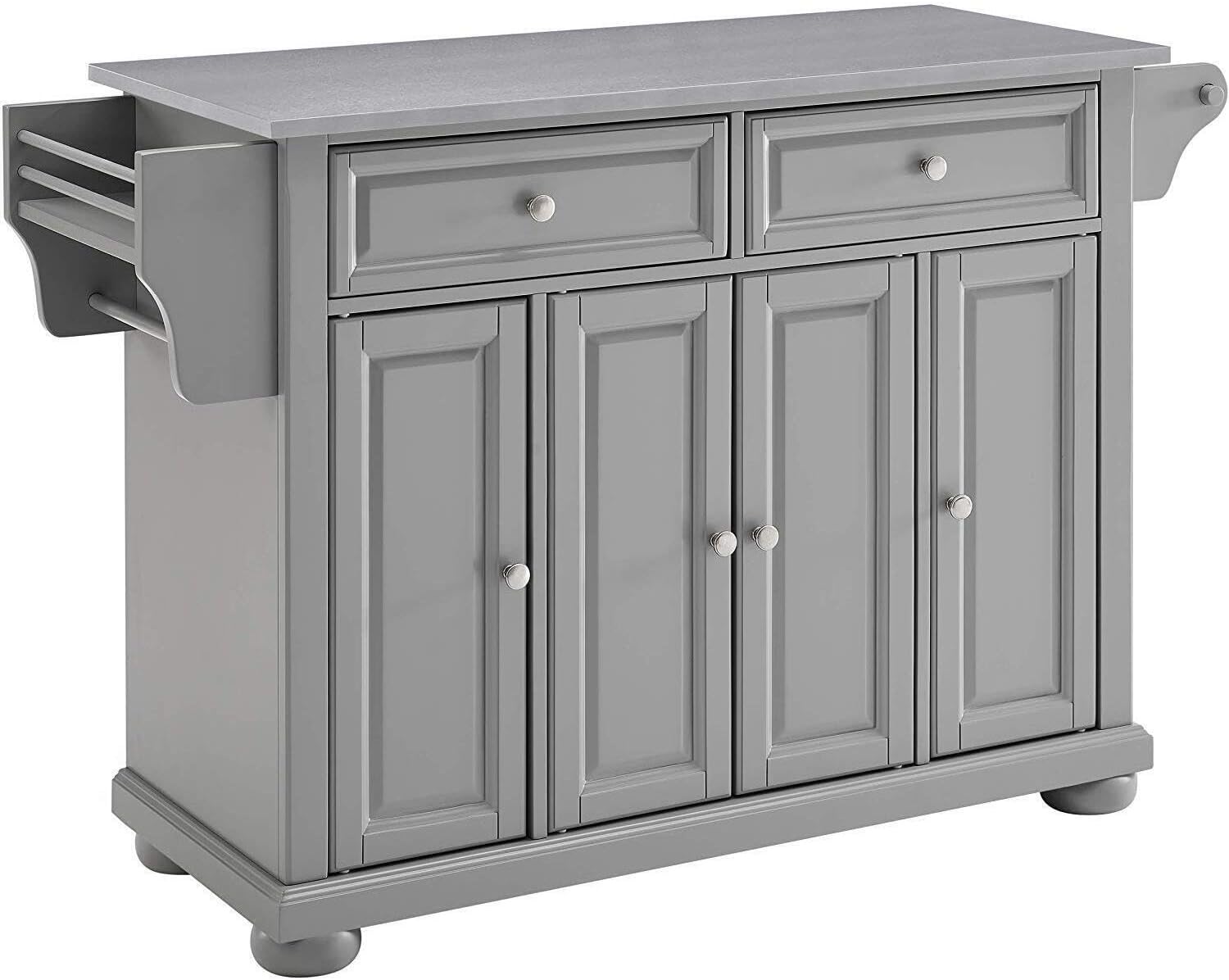 HomeStock Kitchen Island with Storage Full Size Countertop Modern Kitchen Furniture Gray/Stainless Steel Top