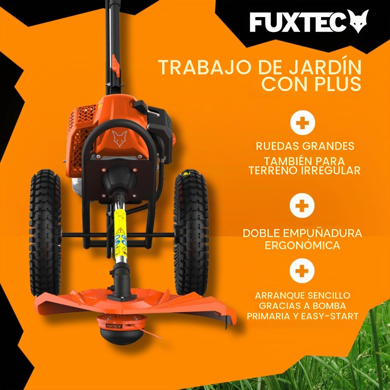 FUXTEC Desbrozadora con Ruedas de Gasolina FX-FSR152 de 52cc y con 3 CV - diseñada para Grandes Superficies y para su Espalda. Recortadora Trimmer,Motor de Gasolina de 2 Tiempos