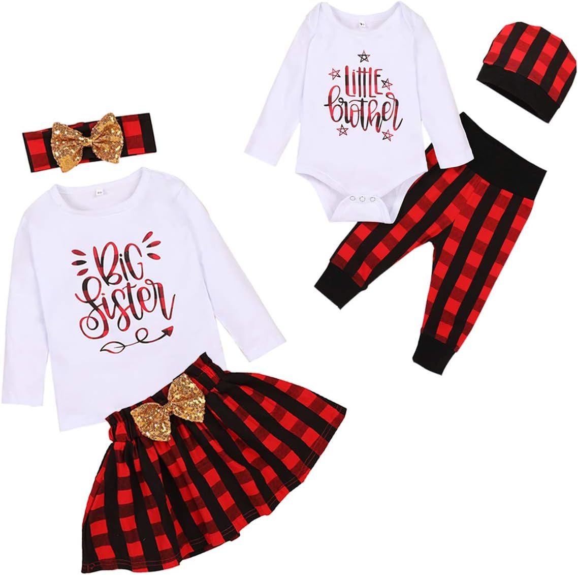 Baby Girl Boy Matching Clothes Christmas Big Sister Little Brother Tops Plaid Skirt Pants+Bow Headband 3pc Outfits