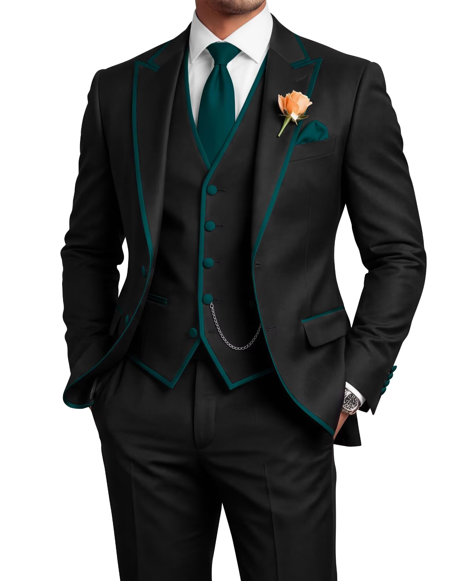 Men's 3 Piece Tuxedo for Men Slim Fit Black Wedding Suits for Groom Groomsman Prom Graduation Jacket Vest Pants