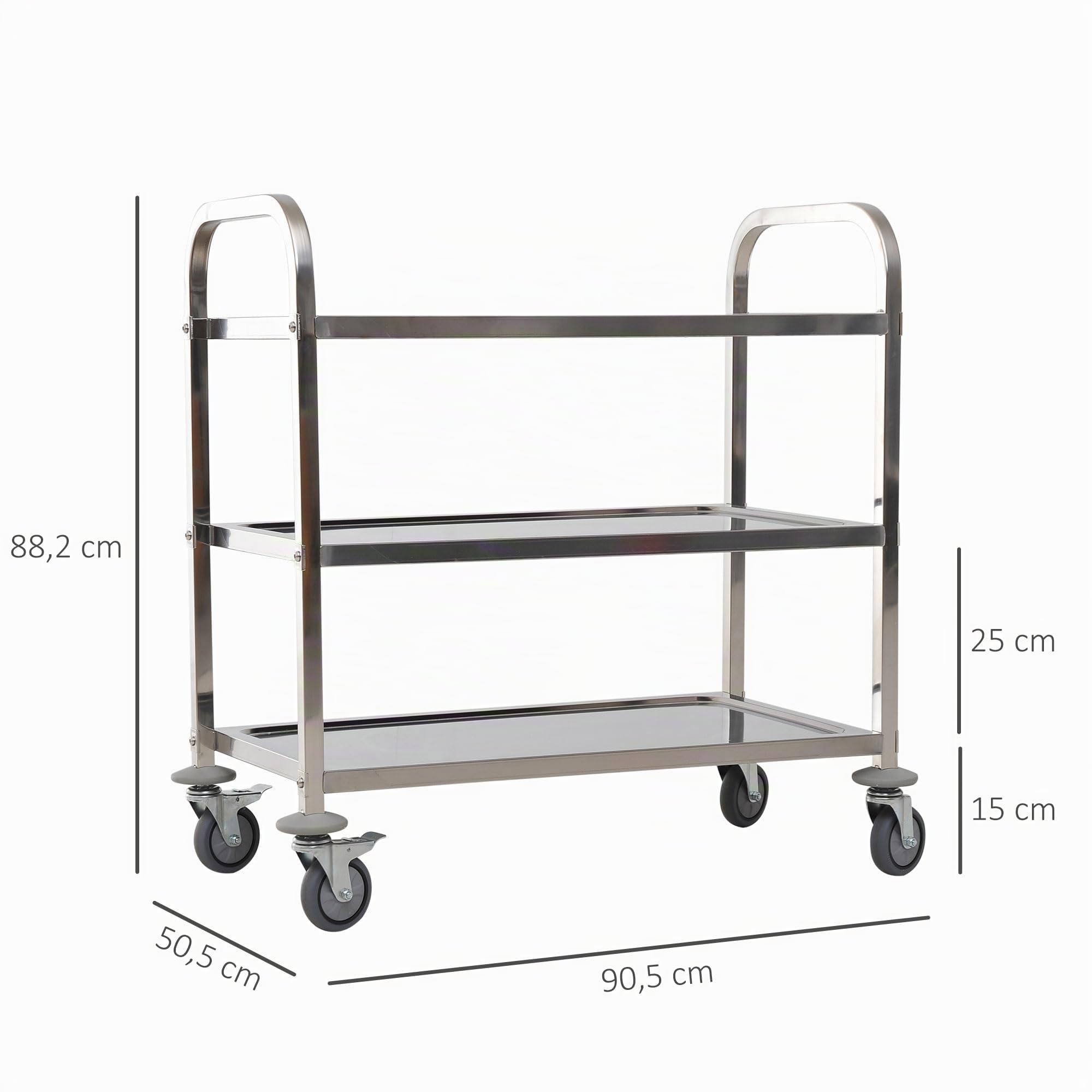 HOMCOM Desserte de Cuisine Chariot roulettes 90,5 x 50,5 x 88,2 cm Argenté | à 3 Étagères, Acier Inox., Cuisine et Salle à Manger