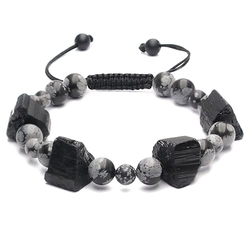 Mens Healing Crystal Tourmaline Bracelet - Black Tourmaline Snowflake Obsidian Beaded Bracelets Fathers Day Graduation Gifts, Mens Chakra Gemstones