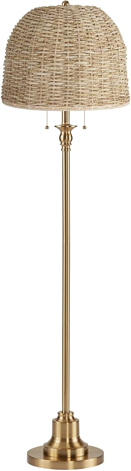 360 Lighting Dyna 58" H Antique Brass and Woven Rattan Cottage Core Shade 2-Light Floor Lamp