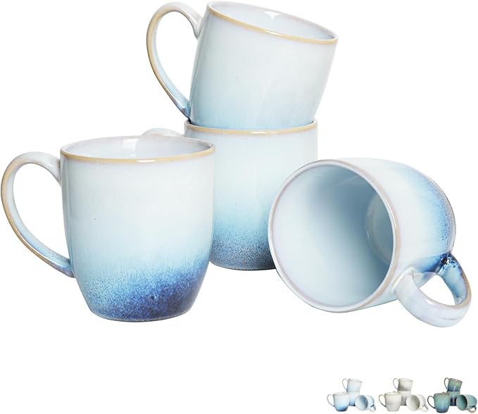Bosmarlin Ceramic Coffee Mug Set of 4, 17 Oz, 3 Colors to Choose, Tea Cups, Dishwasher and Microwave Safe, Reactive Glaze… (17 Oz, Blue)
