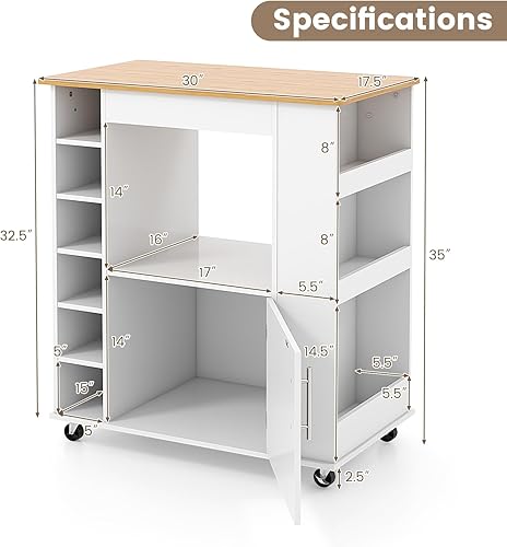 Miniatura 5 de LOKO Isla de cocina móvil con almacenamiento, carrito de microondas rodante con parte superior de bambú, estante de vino para 6 botellas, estante de