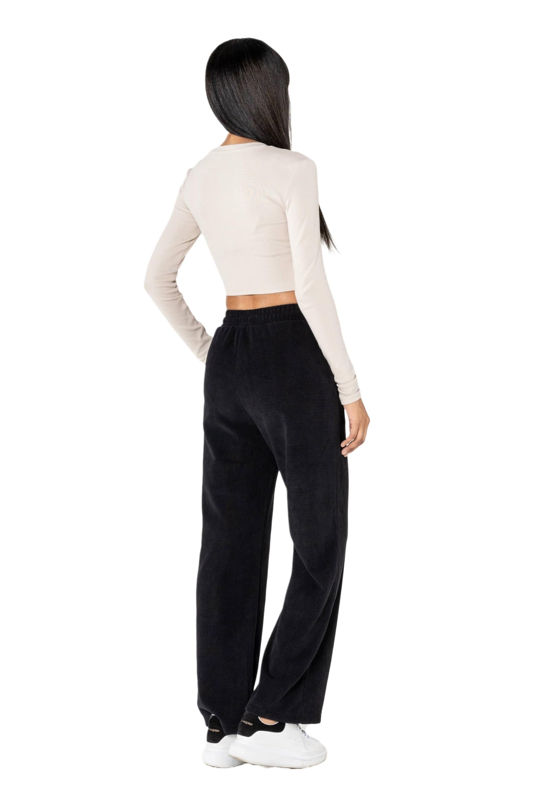 Nina Carter J253 Damen Freizeithose – Samtige Jogginghose Relaxed Fit Cordoptik Hose mit Elastischer Taillenbund und Weites Bein