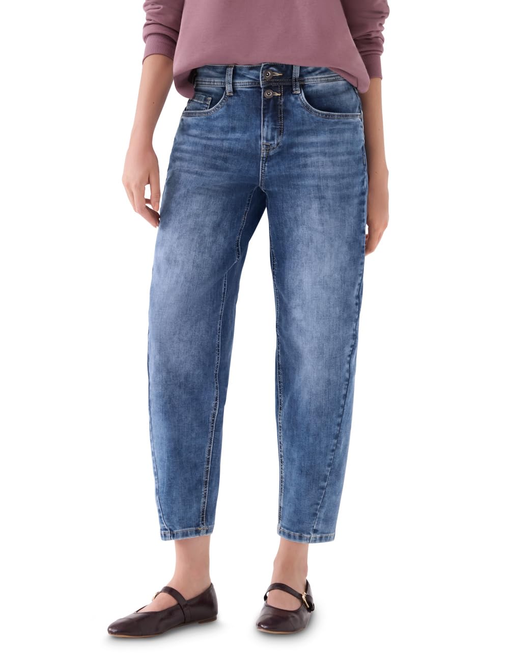 Street One Studio High Waist Barrel Leg Jeans in Loose Fit Authentic Mid Blue Washed 34