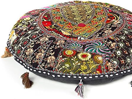 Eyes of India Round Floor Seating Meditation Patchwork Pillow Cushion Cover Colourful Decorative Throw Indian Bohemian Accent Boho Chic Handmade Cover Only (Black, 28" x 28")