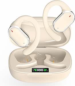 Open Ear Headphones Wireless Earbuds Bluetooth 5.3 Noise Cancelling Earbuds,Wireless Headphones with LED Digital Display 40Hrs Playtime Ear buds,Earphones audifonos inalambricos with Earhooks,Beige asin的图片