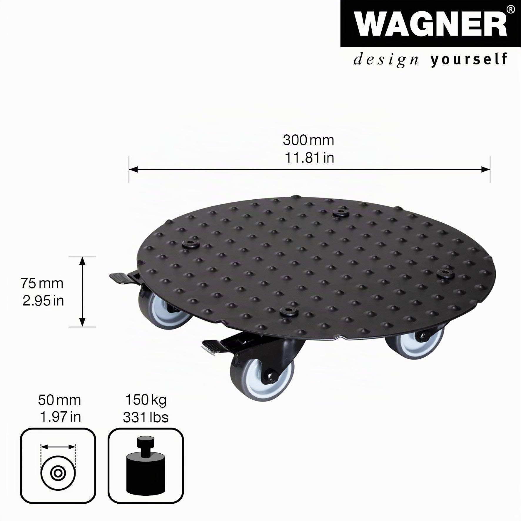 WAGNER Pflanzenroller Alaska Black Ø 30 x 7,5 cm I Blumenroller für Außenbereich + Innenbereich I Aluminium Noppenblech, schwarz I 2 Total-Feststeller I Tragkraft 150 kg I Made in DE - 20700701