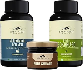 Rasayanam Men’s Vitality Combo | Tribulus Gokhru-60 (60% Saponins) + Multivitamin for Men (25+ Essential Nutrients) + Pure Himalayan Shilajit Resin (75% Fulvic Acid) | Strength, Energy, Stamina & Recovery