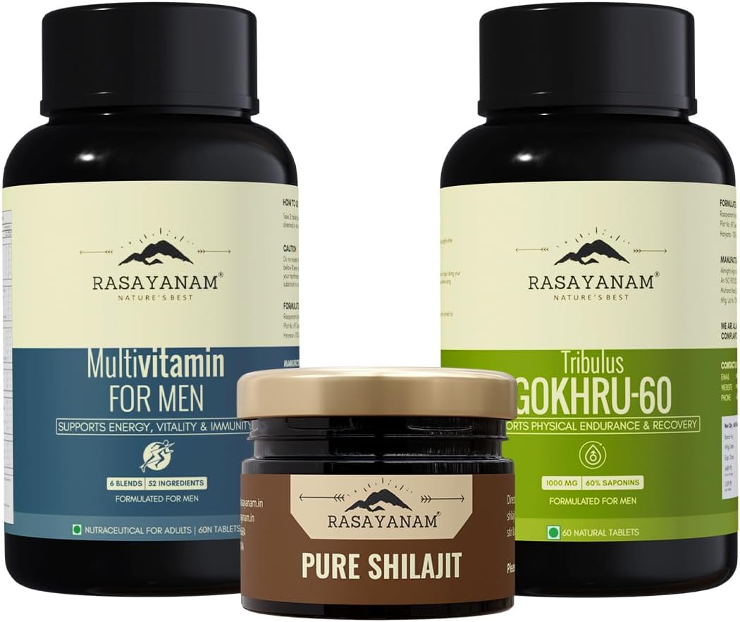 Rasayanam Men’s Vitality Combo | Tribulus Gokhru-60 (60% Saponins) + Multivitamin for Men (25+ Essential Nutrients) + Pure Himalayan Shilajit Resin (75% Fulvic Acid) | Strength, Energy, Stamina & Recovery