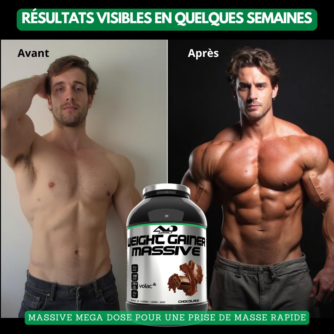 Addict sport nutrition - Weight gainer massive - Prise de masse musculaire avec protéine concentrée - Ultra calorique 1200 kcal par dose - 51g de protéine et 21g de BCAA - 2,5 kg - Goût cookie