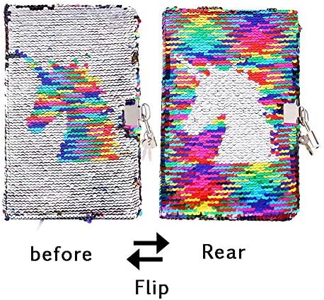 Unicorn Sequin Notebook Secret Lockable Diary Journal, A5 Reversible Notepad and Pens Writing Stationery Set with Sequin Keychain Christmas Birthday Gift for Girls Kids