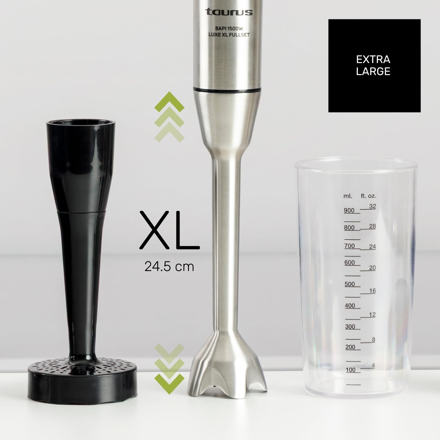 Taurus – Batidora de Mano Bapi 1500 Luxe XL,1500W, 20 Velocidades + Turbo, Cuchillas Acero Doble Efecto, Antisalpicaduras, Soft Touch, Vaso Medidor 900ml, Picador 350ml, Doble Emulsionador, Pasapurés