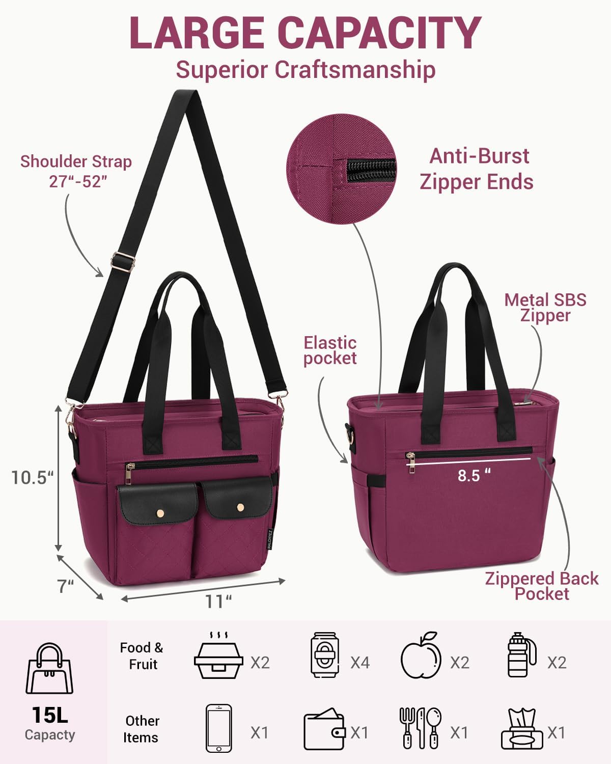 RalChyez Lunch Box for Women, Large Lunch Tote Leakproof Adult Lunch Bag Insulated Lunch Cooler Purse with Storage Pocket for Work Picnic Beach Trip Purple